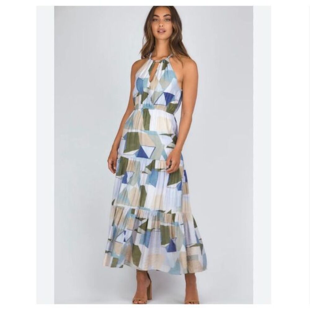 Petal & Pup Maxi Dress 10 Blue Green Abstract Halter Neck Tiered Geometric Boho